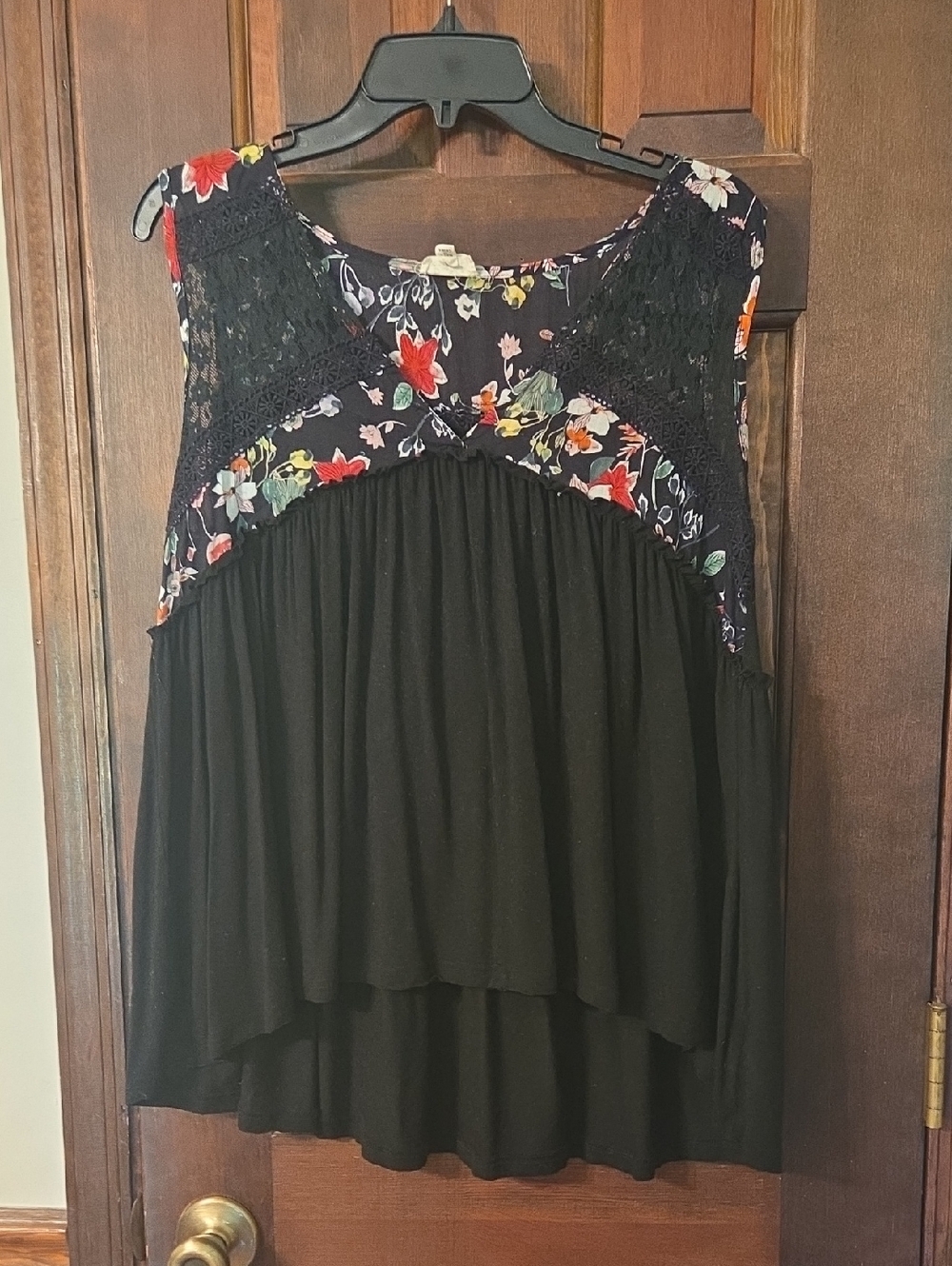 POL Black Sleeveless Tunic with Floral Yoke